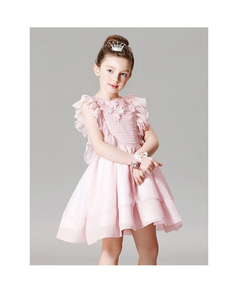 Cute Pink Pleated Flower Girl Dress in Short Length - GemGrace