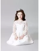 White Satin Short Flower Girl Dress with Long Lace Jacket
