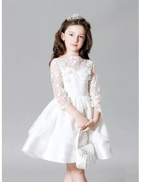 White Satin Short Flower Girl Dress with Long Lace Jacket