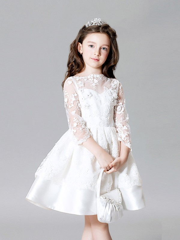 White Satin Short Flower Girl Dress with Long Lace Jacket - GemGrace