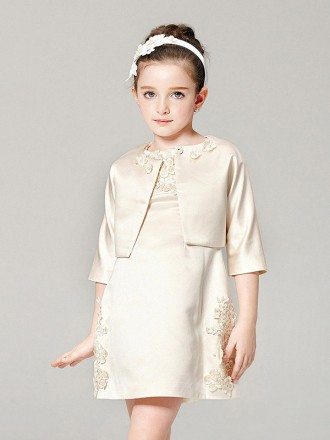 Lovely Champagne Satin Applique Pageant Dress with Jacket