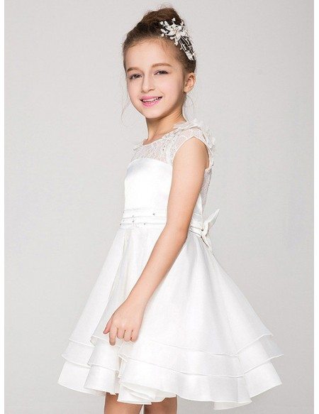 Little Girl's Short Layered Pageant Dress with Lace Top