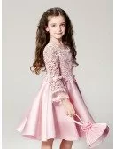 Simple Pink Satin Short Pageant Dress with Flare Sleeve Lace Jacket