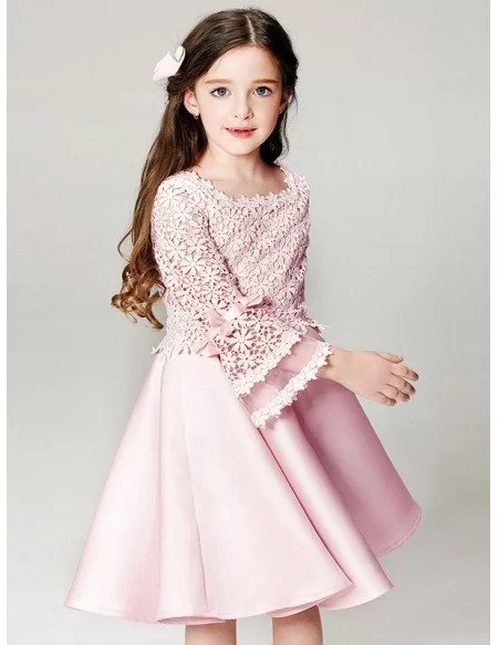 Simple Pink Satin Short Pageant Dress with Flare Sleeve Lace Jacket