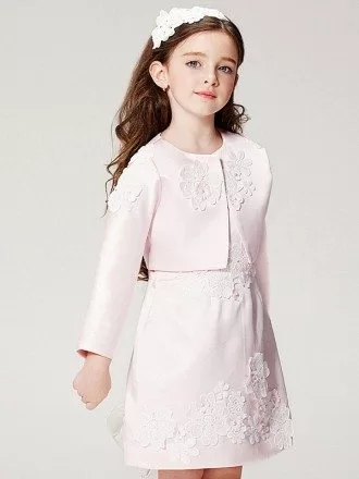 Short Satin Champagne Applique Pageant Dress with Jacket
