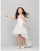 Short-Long Halter Tulle Flower Girl Dress Decorated with Floral
