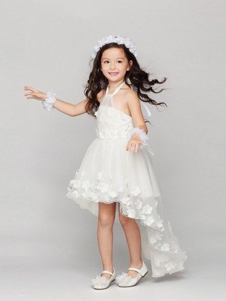 Short-Long Halter Tulle Flower Girl Dress Decorated with Floral