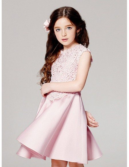 Simple Pink Satin Short Pageant Dress with Sleeveless Lace Jacket
