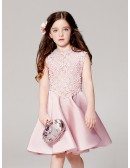 Simple Pink Satin Short Pageant Dress with Sleeveless Lace Jacket