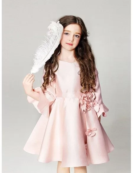 Pink Satin Short Floral Pageant Dress with Flare Sleeves