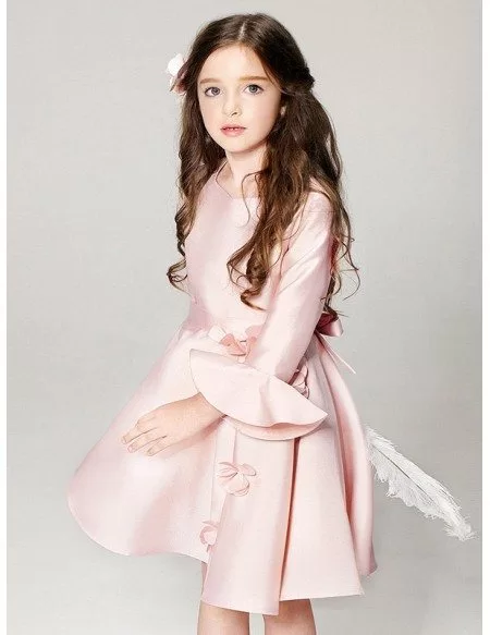 Pink Satin Short Floral Pageant Dress with Flare Sleeves