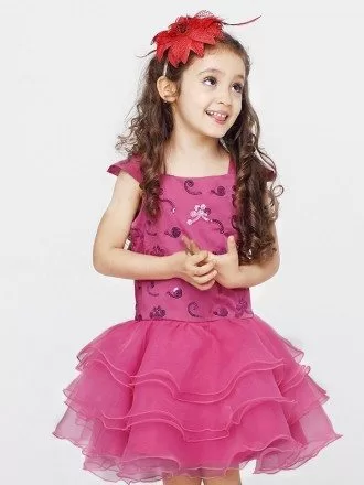 Fuchsia Layered Embroidered Beading Flower Girl Dress with Cap Sleeves
