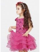 Fuchsia Layered Embroidered Beading Flower Girl Dress with Cap Sleeves