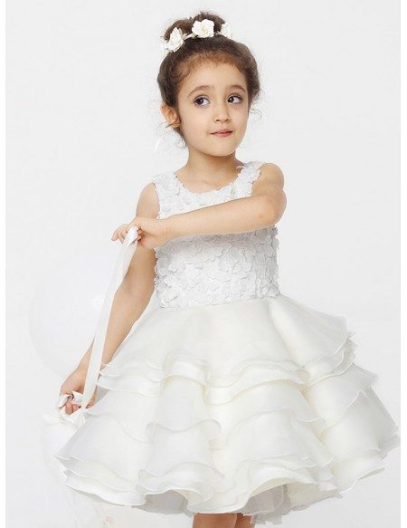 Ballroom Layered Tutu Lace Flower Girl Dress with Buttons Back