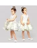 Ballroom Layered Tutu Lace Flower Girl Dress with Buttons Back