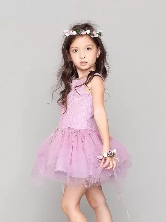 Asymmetrical Lilac Lace Beaded Tutu Tulle Pageant Dress for Little Girls