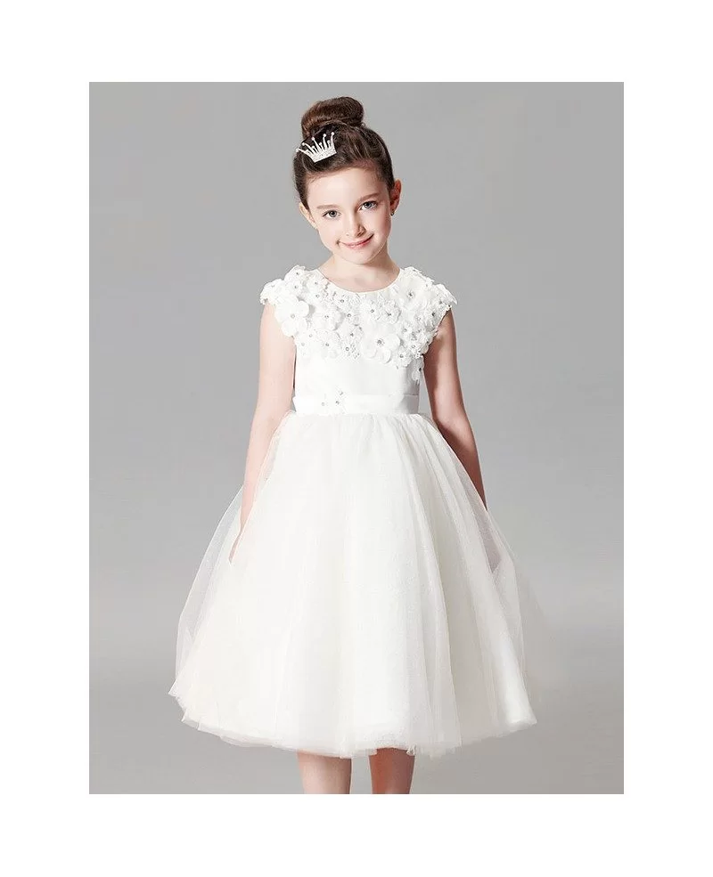 Modest White Tulle Short Ball Gown Flower Girl Dress with Applique ...
