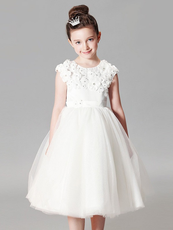 Modest White Tulle Short Ball Gown Flower Girl Dress with Applique ...
