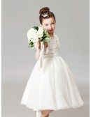 Modest White Tulle Short Ball Gown Flower Girl Dress with Applique