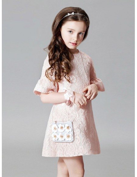 Whole Lace Simple Pink Short Flower Girl Dress with Flare Sleeves