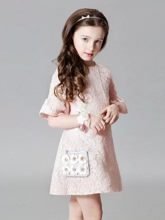 Whole Lace Simple Pink Short Flower Girl Dress with Flare Sleeves