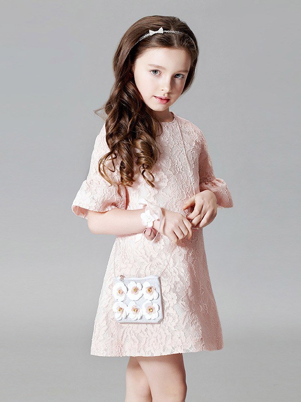 Whole Lace Simple Pink Short Flower Girl Dress with Flare Sleeves ...