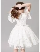 Modest Whole Lace Puffy Sleeves Flower Girl Dress with Rhinestone Waist Line