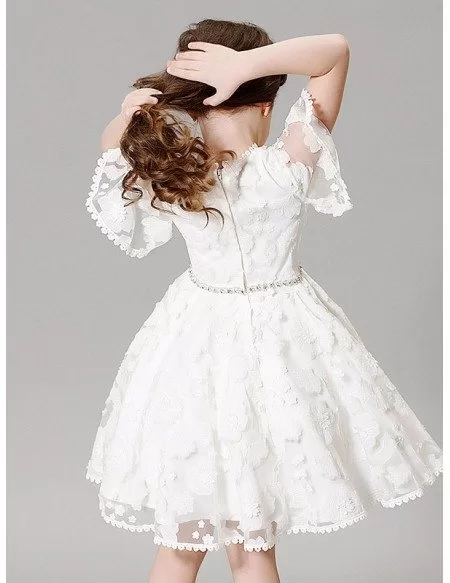 Modest Whole Lace Puffy Sleeves Flower Girl Dress with Rhinestone Waist ...