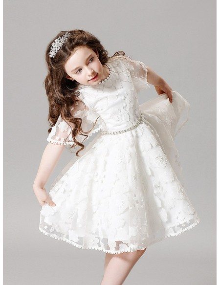 Modest Whole Lace Puffy Sleeves Flower Girl Dress with Rhinestone Waist Line