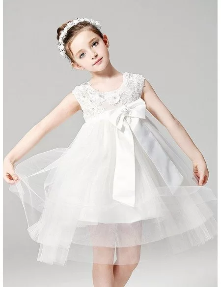 Short Empire Waist Tulle Ballroom Applique Flower Girl Dress with Bow