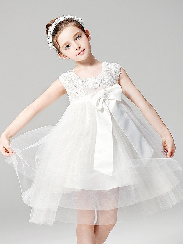 Short Empire Waist Tulle Ballroom Applique Flower Girl Dress with Bow ...