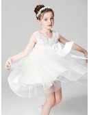 Short Empire Waist Tulle Ballroom Applique Flower Girl Dress with Bow