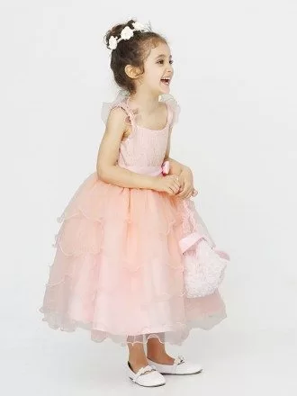 Tea Length Layered Ball Gown Flower Girl Dress with Sequin Bodice