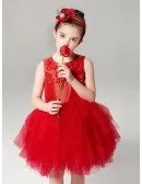 Hot Red Short Asymmetrical Tulle Flower Girl Dress in Sleeveless