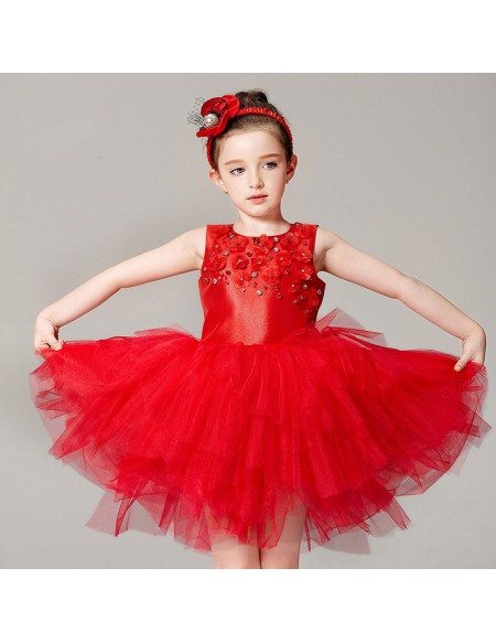 Hot Red Short Asymmetrical Tulle Flower Girl Dress in Sleeveless