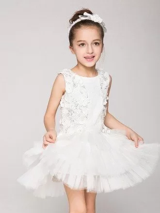 Tulle Layered Short Applique Flower Girl Dress without Sleeves