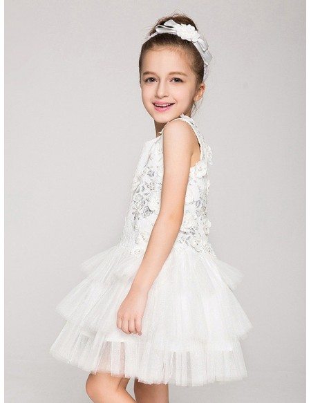Tulle Layered Short Applique Flower Girl Dress without Sleeves