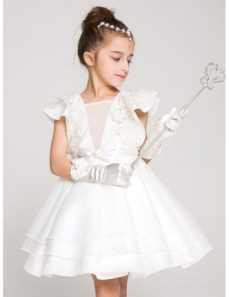 Knee Length Ballroom Applique Pageant Dress with Flare Sleeves - GemGrace
