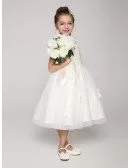 Tea Length Tulle Ball Gown Flower Girl Dress with Bows
