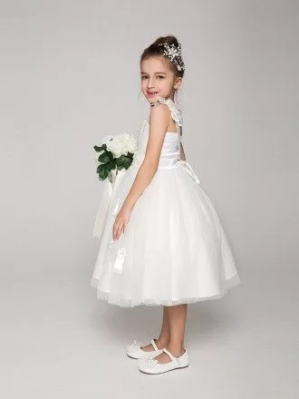 Tea Length Tulle Ball Gown Flower Girl Dress with Bows