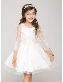 Little Girl's Short Tulle Applique Pageant Dress with Sheer Sleeves