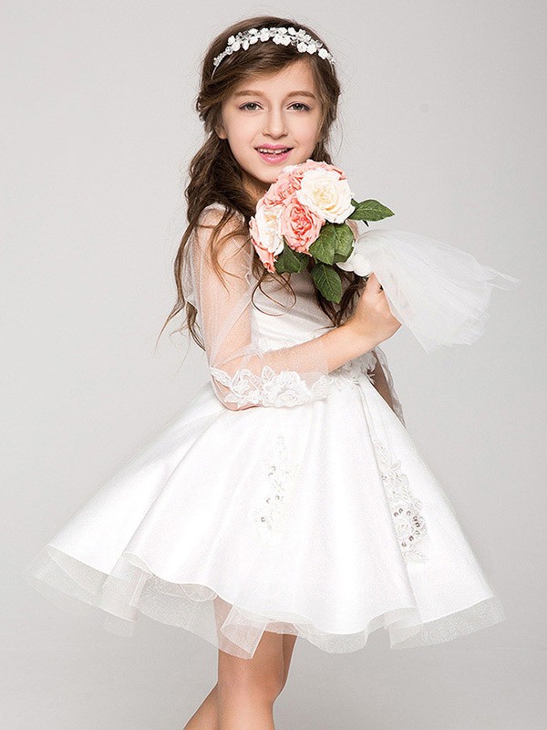 Little Girl's Short Tulle Applique Pageant Dress with Sheer Sleeves ...