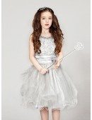 Short Silver Lace Tulle Pageant Dress with V Back
