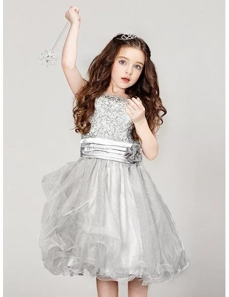 Short Silver Lace Tulle Pageant Dress with V Back
