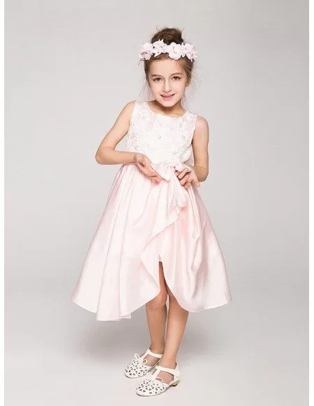 Cute Pink Short Chiffon Flower Girl Dress with Lace Bodice - GemGrace