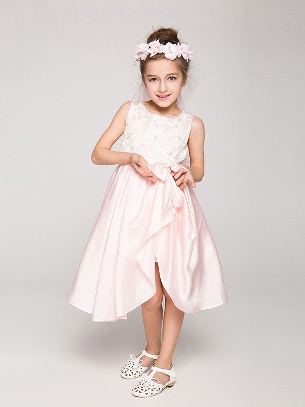 Cute Pink Short Chiffon Flower Girl Dress with Lace Bodice - GemGrace