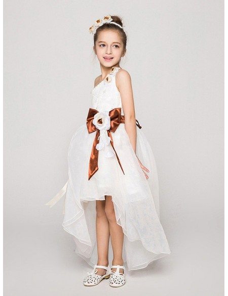 One Shoulder Hi-Lo Organza Lace Flower Girl Dress with Brown Sash