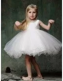 Fairy Short Tulle Satin Ballroom Flower Girl Dress with Beaded Neckline