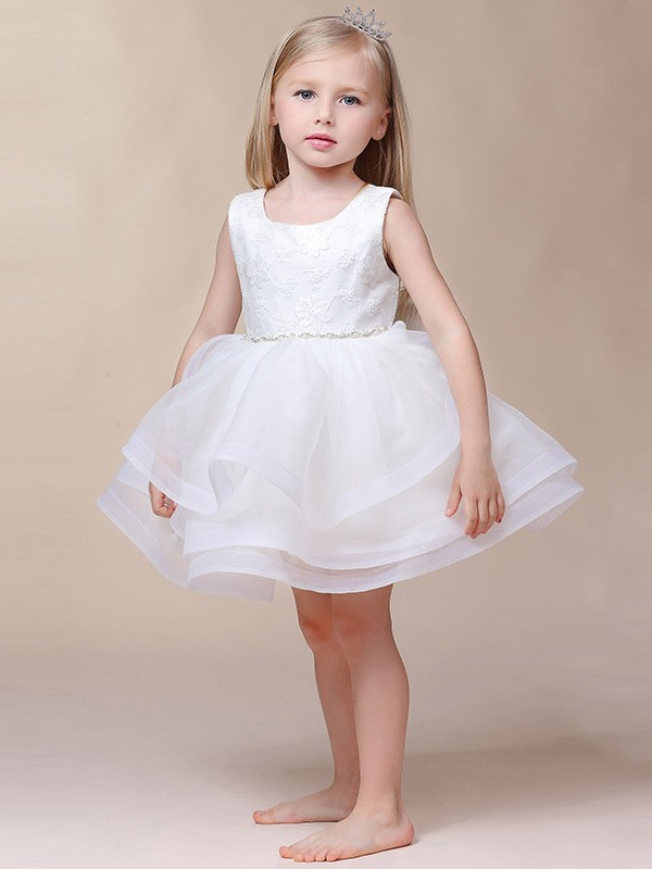 Short Tutu Organza Lace Flower Girl Dress with Beaded Waistline - GemGrace