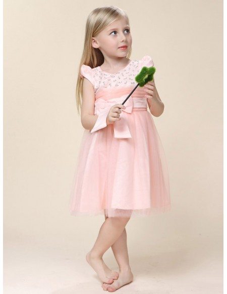 Knee Length Tulle Beaded Flower Girl Dress with Cap Sleeves